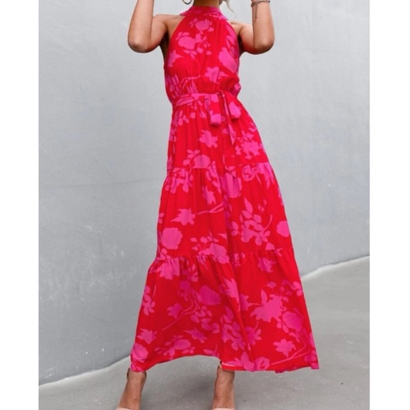Boho pink floral print belted halter maxi dress - Picture 14 of 14